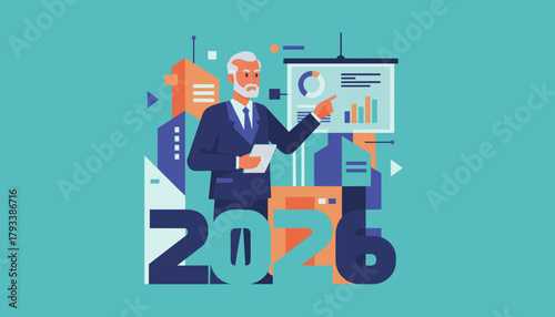 Senior executive presenting 2026 business forecast and urban development plan in a corporate illustration