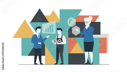 Professionals analyze data and strategy integrating business and technology in a flat design illustration