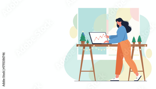 Businesswoman works on a laptop with a sales graph during the Christmas holiday season