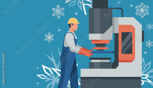 Industrial worker operating a stamping press machine in a winter production setting