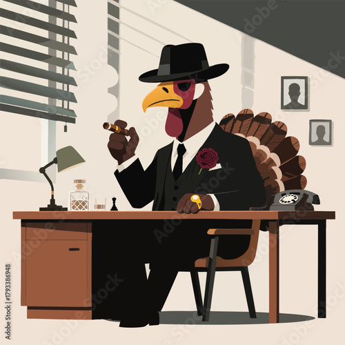 Turkey mob boss in suit and fedora smoking cigar in vintage office.