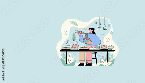 Cozy winter meal Woman enjoys Asian cuisine noodles dumplings at a festive table
