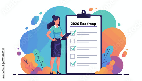Professional woman reviewing 2026 Roadmap checklist Business planning strategy and achievement illustration