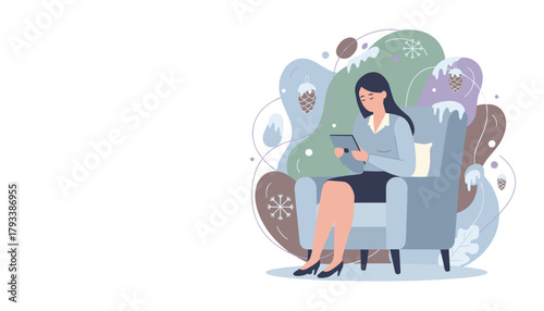 Businesswoman uses a tablet device while relaxing in a festive armchair with abstract winter and holiday decor