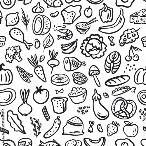 Vector seamless pattern from healthy food collection, hand drawn in doodle style