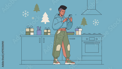 Stylish person using a smartphone in a modern festive kitchen setting for holiday planning or shopping