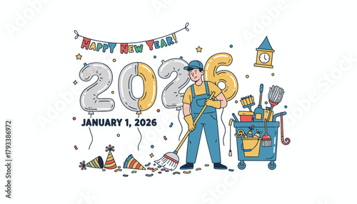 New Year 2026 cleanup Janitor sweeping party confetti with cleaning cart illustration