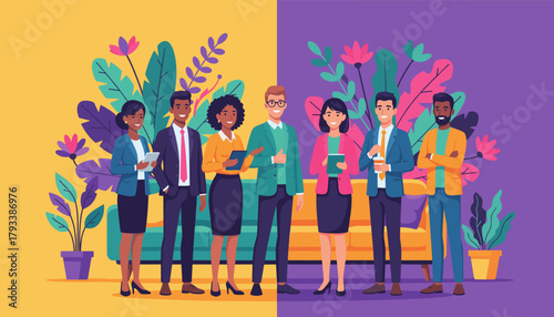 Diverse business team collaboration in a vibrant modern office setting Vector illustration