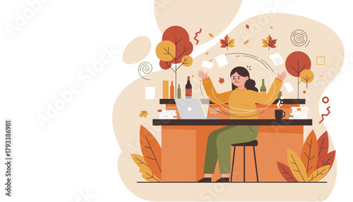 Autumn work stress Frustrated woman overwhelmed by flying papers and deadlines