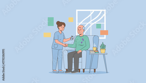 Caregiver helps senior man with medication at home Elderly healthcare and assistance illustration