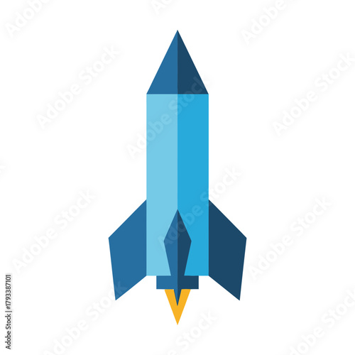 A stylized blue rocket with fins and a yellow exhaust plume.