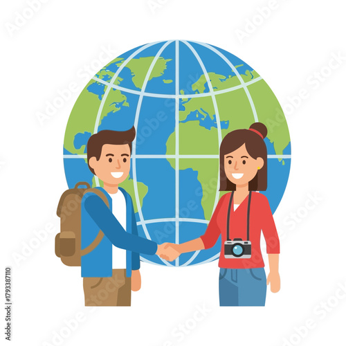 Two people shake hands in front of a globe representing travel and tourism.