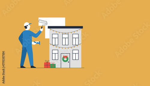 Man painting house exterior decorated for Christmas Renovation service and holiday preparation