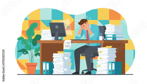 Overworked office employee suffering burnout from excessive paperwork and deadlines Stress concept