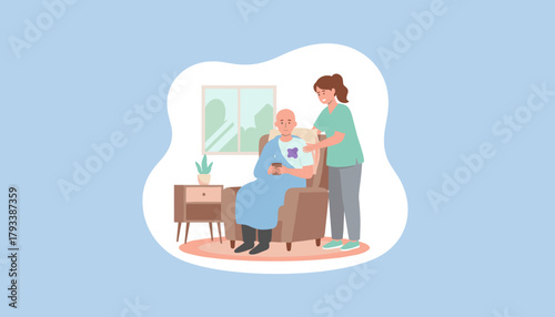 Nurse comforts a bald cancer patient sitting in an armchair during home recovery