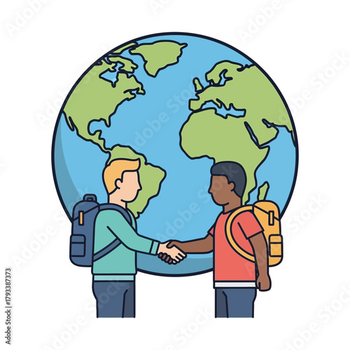 Two people shake hands in front of a globe representing the world.