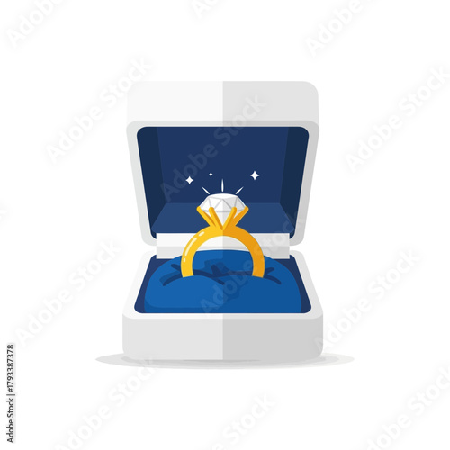 A diamond ring sits inside an open jewelry box with a blue interior.