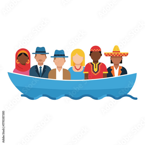 Diverse people ride in a blue boat together.