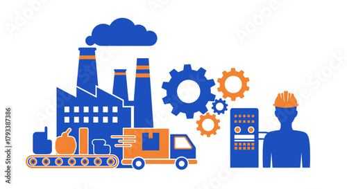 Manufacturing and logistics flow factory building production line gears and delivery worker