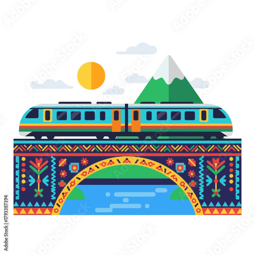 Train travels over a bridge near mountains and a sun.