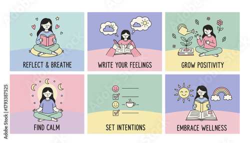 Mental health routine illustrations reflect journal meditate set intentions and embrace wellness