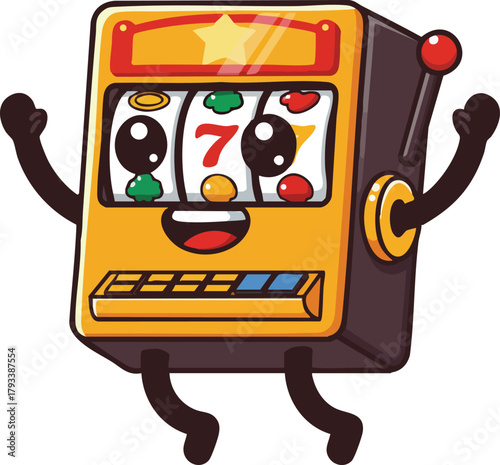 Animated happy slot machine character with seven symbol and colorful fruits vector illustration 
