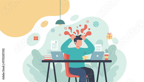 Overwhelmed man holding head at desk suffering work stress frustration and holiday burnout