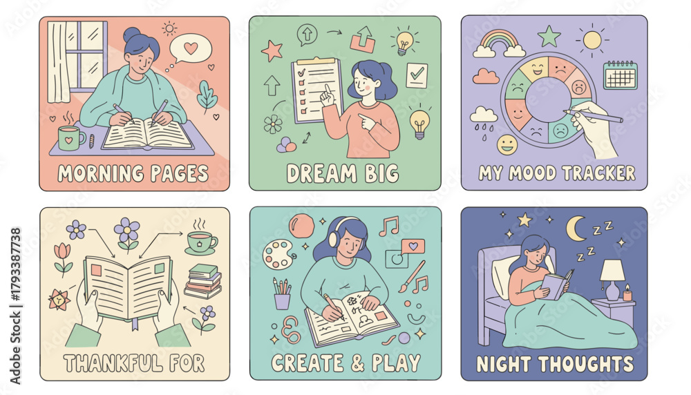 Fototapeta premium Journaling and selfcare routine vector set mood tracking goal planning creativity and reflection