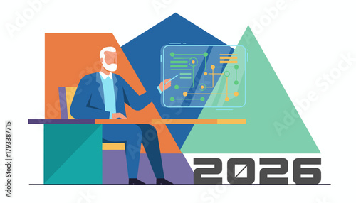 Executive presenting 2026 business plan using interactive technology display Future growth strategy