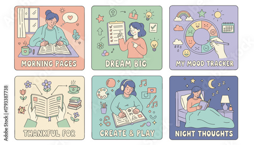 Journaling and selfcare routine vector set mood tracking goal planning creativity and reflection
