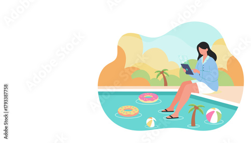 Digital nomad working poolside on a tablet Remote job vacation and travel technology concept