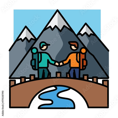 Two hikers shake hands on a bridge with mountains and a river in the background.