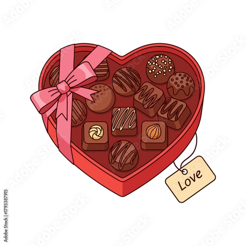 Heart-shaped box filled with chocolates tied with a pink ribbon and a tag.