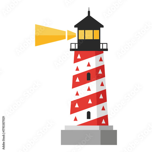 A red and white striped lighthouse emits a yellow beam of light.