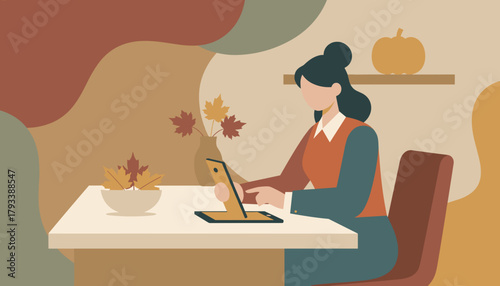 Woman uses tablet for remote work in a cozy autumnthemed interior Flat vector illustration