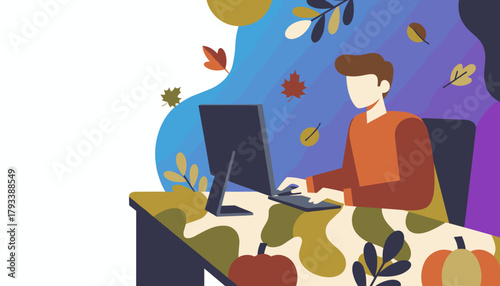 Remote worker typing on a computer surrounded by colorful autumn leaves and fall colors