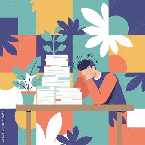 Employee suffering from work burnout and anxiety due to massive paperwork and excessive workload at the office