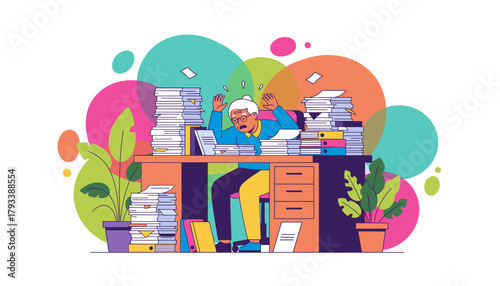 Overwhelmed senior woman at desk buried in paperwork symbolizing stress and work overload