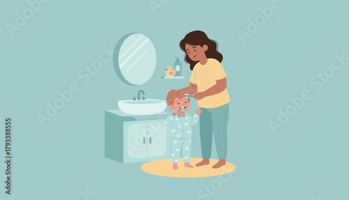 Loving mom teaching her happy boy to brush teeth promoting good oral hygiene habits