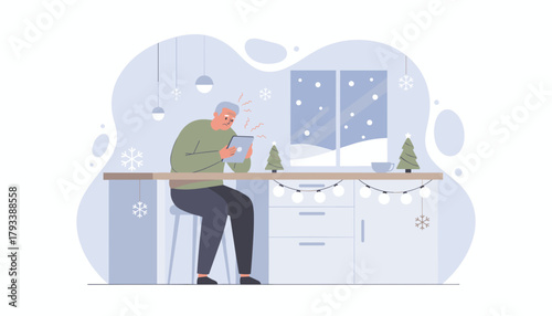 Senior man frustrated using tablet during winter holidays at home Digital literacy struggle concept