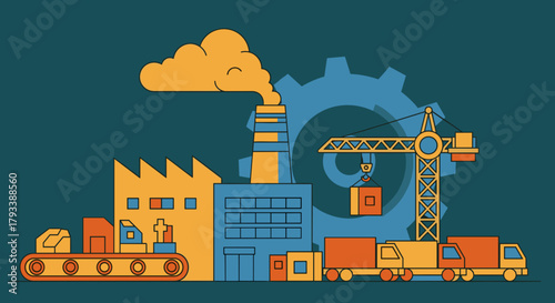 Industrial factory illustration depicting production logistics crane operation and transportation trucks