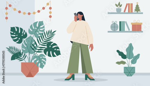 Woman talking on a smartphone in a cozy festive modern living room with houseplants