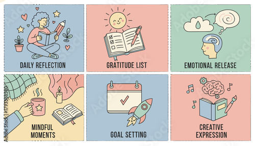 Vector illustration of mental health routines reflection gratitude mindfulness goal setting and creativity