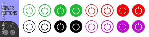 Power buttons, On off icon set. Press start button, Switch on and switch off icons. Color icons set