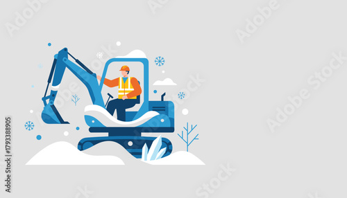 Construction worker operating an excavator in snow Winter maintenance and heavy equipment illustration
