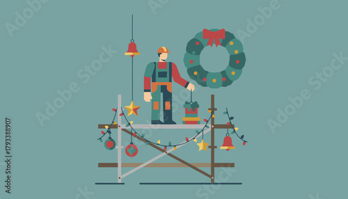 Laborer installing holiday decorations on scaffolding seasonal commercial maintenance and cheer
