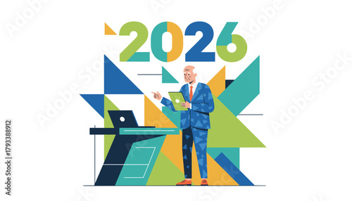 Executive planning 2026 future strategy Geometric abstract business illustration