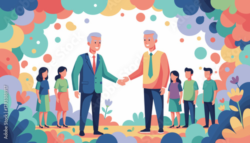 Business agreement handshake with a diverse team illustration showing partnership and corporate inclusion