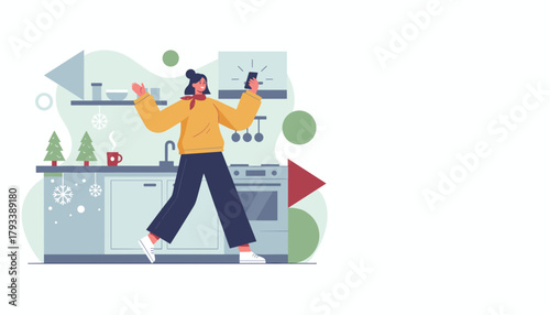Happy woman holding smartphone in a cozy winter kitchen Flat vector illustration for communication and lifestyle