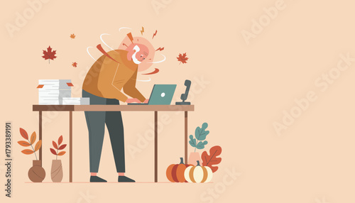 Elderly man suffering burnoutheadache while working on a computer at his autumn desk